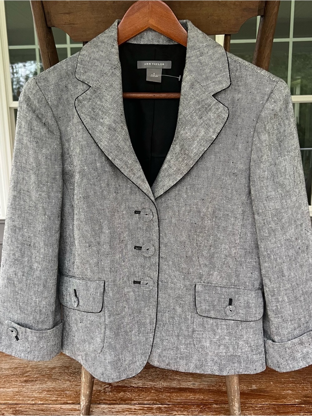 Ann Taylor Linen Blazer Gray Black Tweed Style Button Up Jacket Size 6